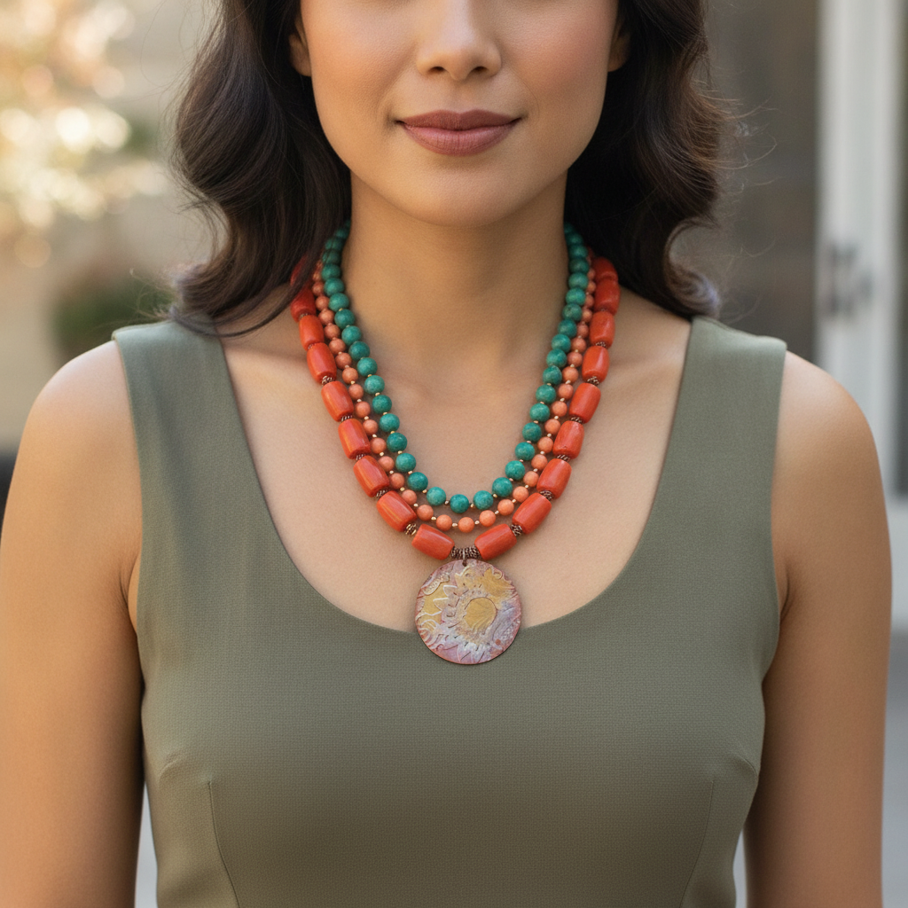 Amazonite Statement Multi Strand Necklace with Big Copper Pendant