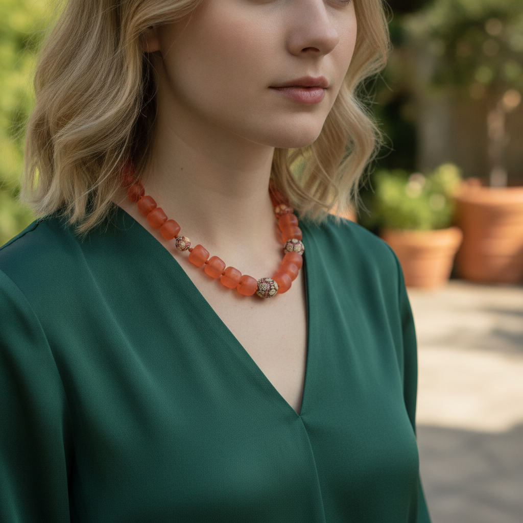 Chunky Large Bead Necklace in Orange Nuggets with Artisan Beads