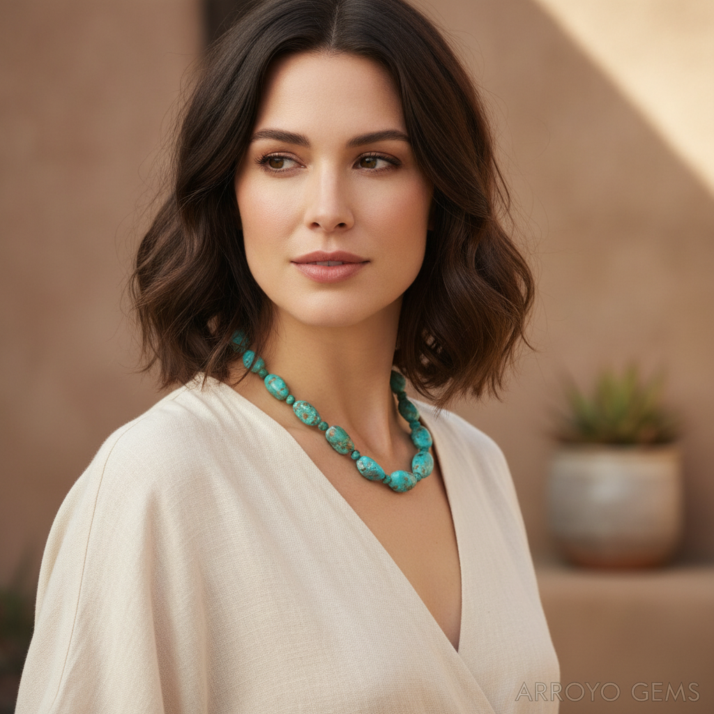 Kingman Teal Turquoise Beaded Necklace Bold