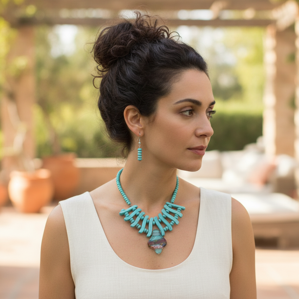 Turquoise Bib Necklace with Dichroic Pendant and Earrings