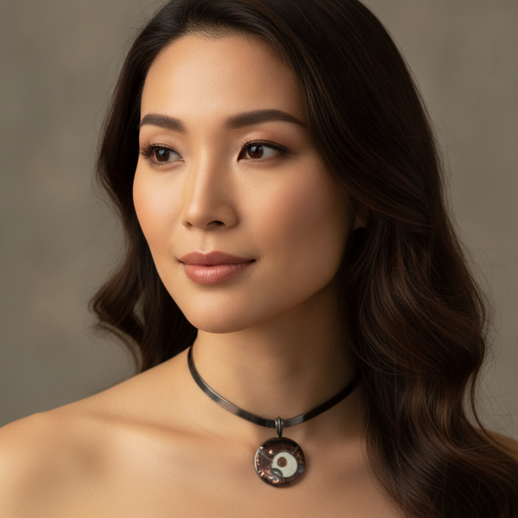 A close-up portrait of a woman wearing a black choker necklace with a round pendant featuring a white and black yin-yang symbol.