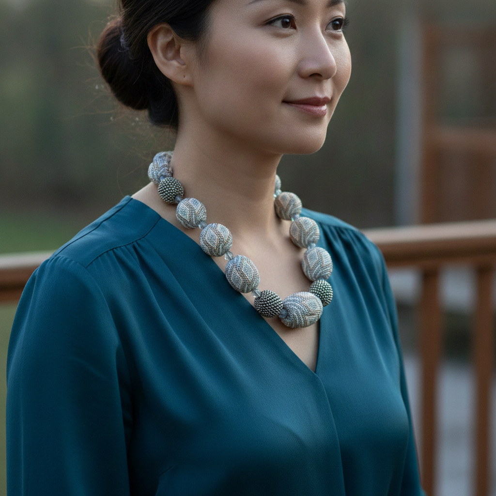 Exquisite Big Bold Chunky Bead Necklace in Cream Blue and Silver