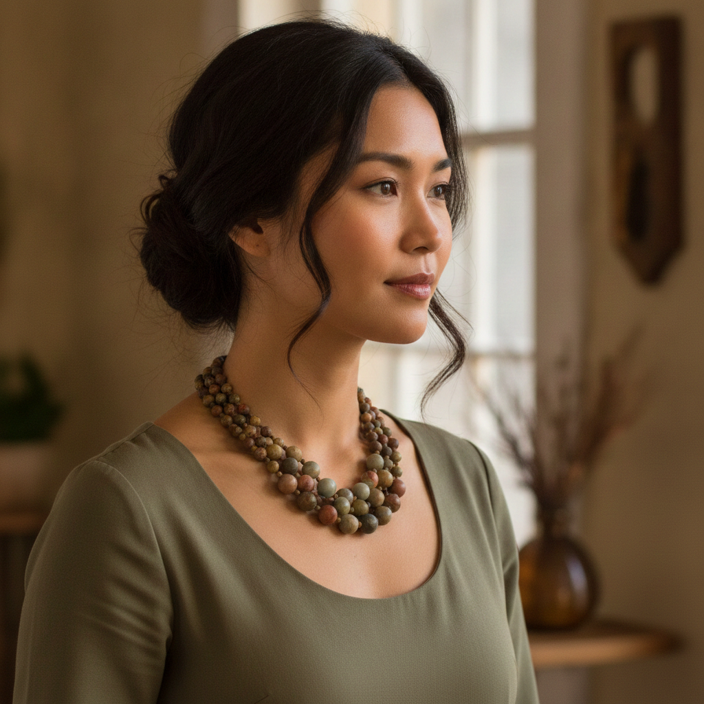 A woman with dark hair in an updo wearing a multi-strand beaded necklace and an olive green top, shown in a softly lit indoor setting.