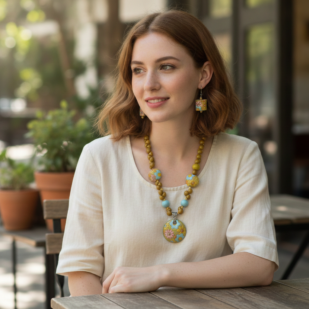 Handmade Yellow & Blue Artisan Bead Necklace & Earrings Set