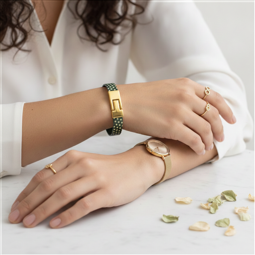 A close-up lifestyle shot of a woman's hands and arms wearing gold-toned jewelry, including a watch with a gold band, a green patterned bracelet, and gold rings, resting on a light marble surface with scattered flower petals.