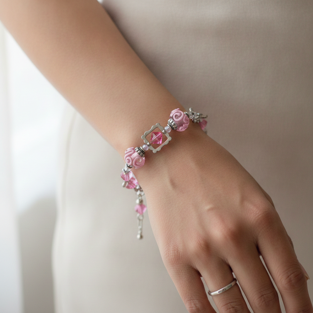 Hot Pink Glass Bead  & Crystal Bracelet