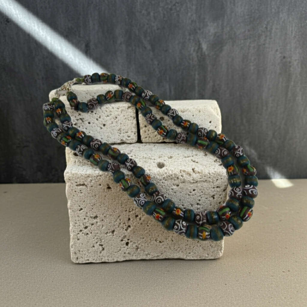 Double Strand Multicolored African Trade Bead Beaded Necklace