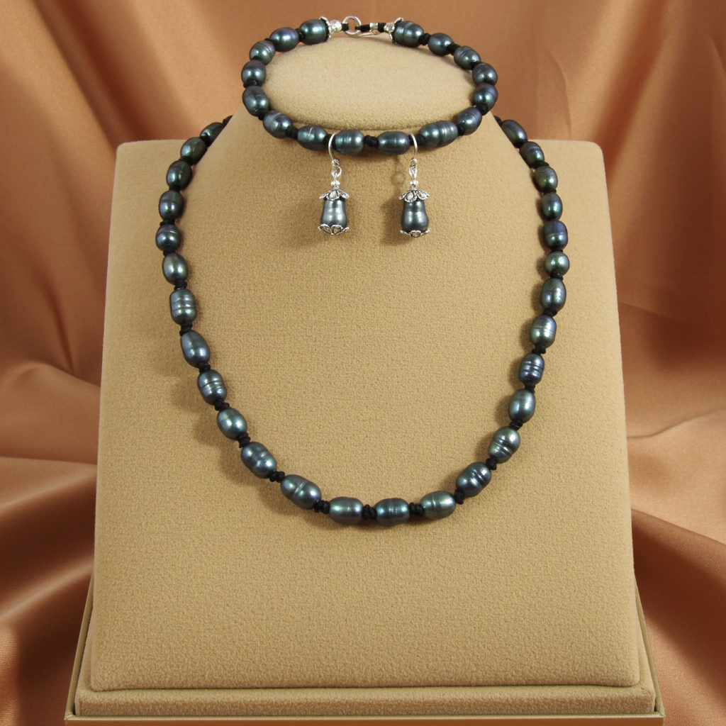 Dark Blue Pearl Necklace, Bracelet & Earrings
