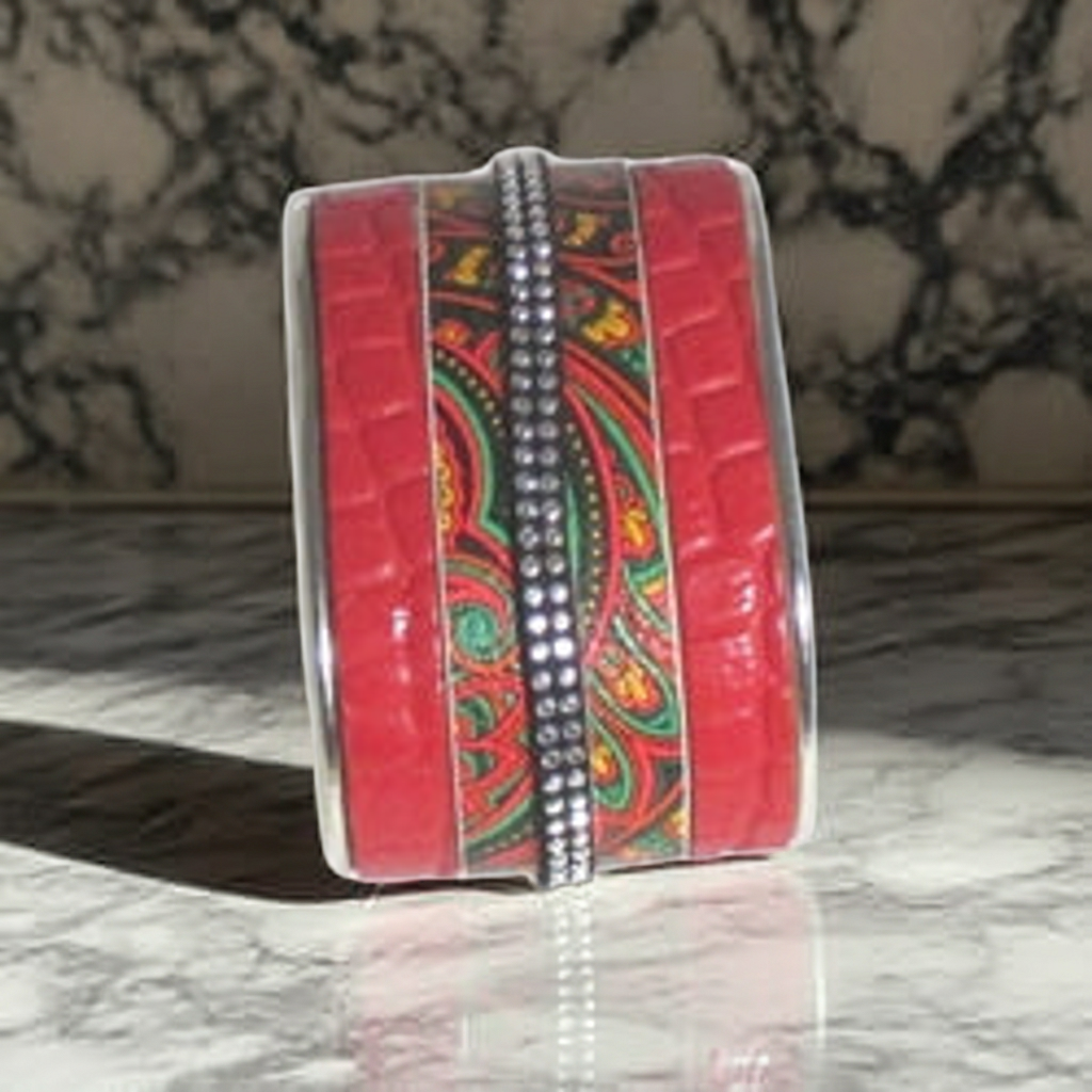 Wide Red Leather Cuff Bracelet Silver Bangle