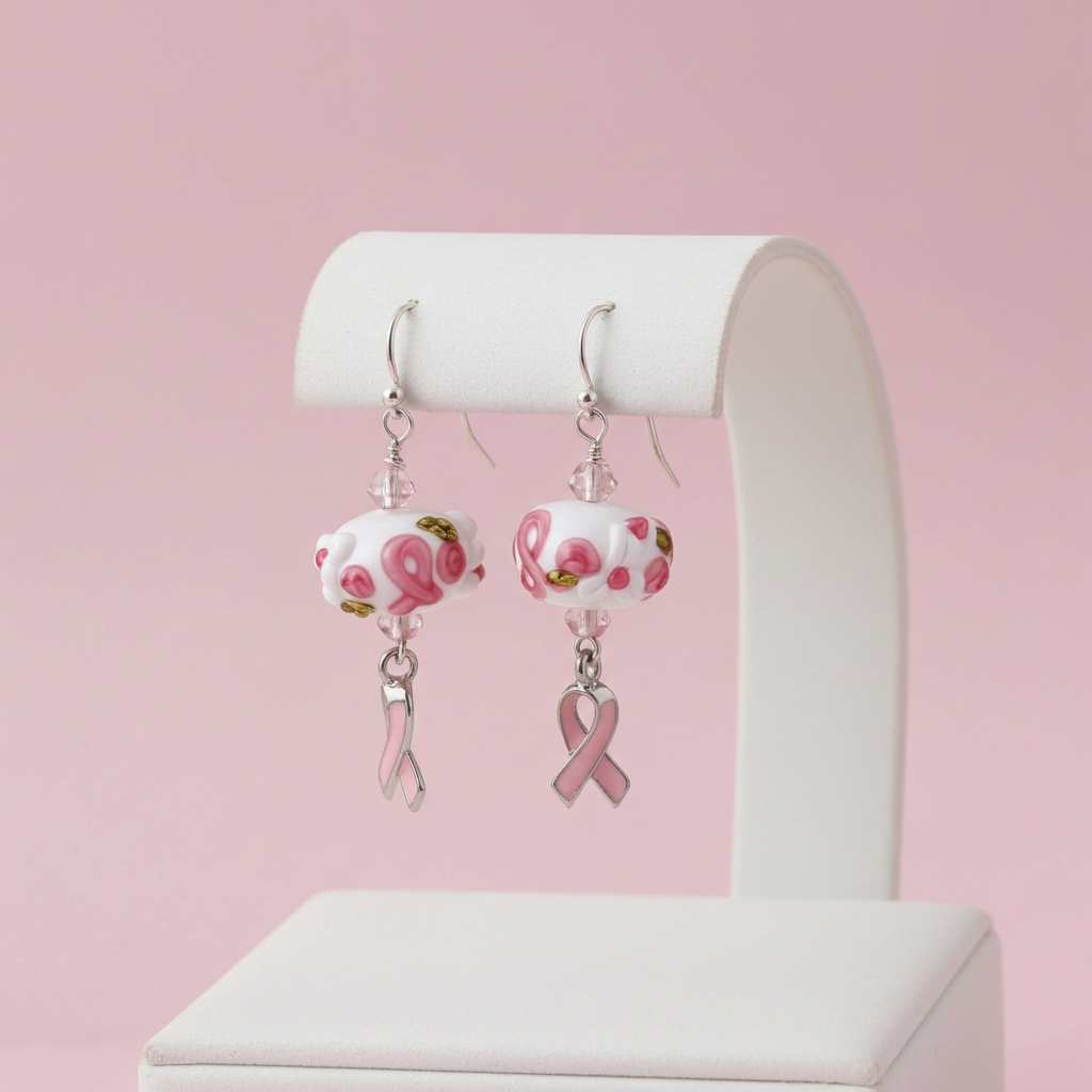 Pink Awareness Ribbon & Silver Earrings