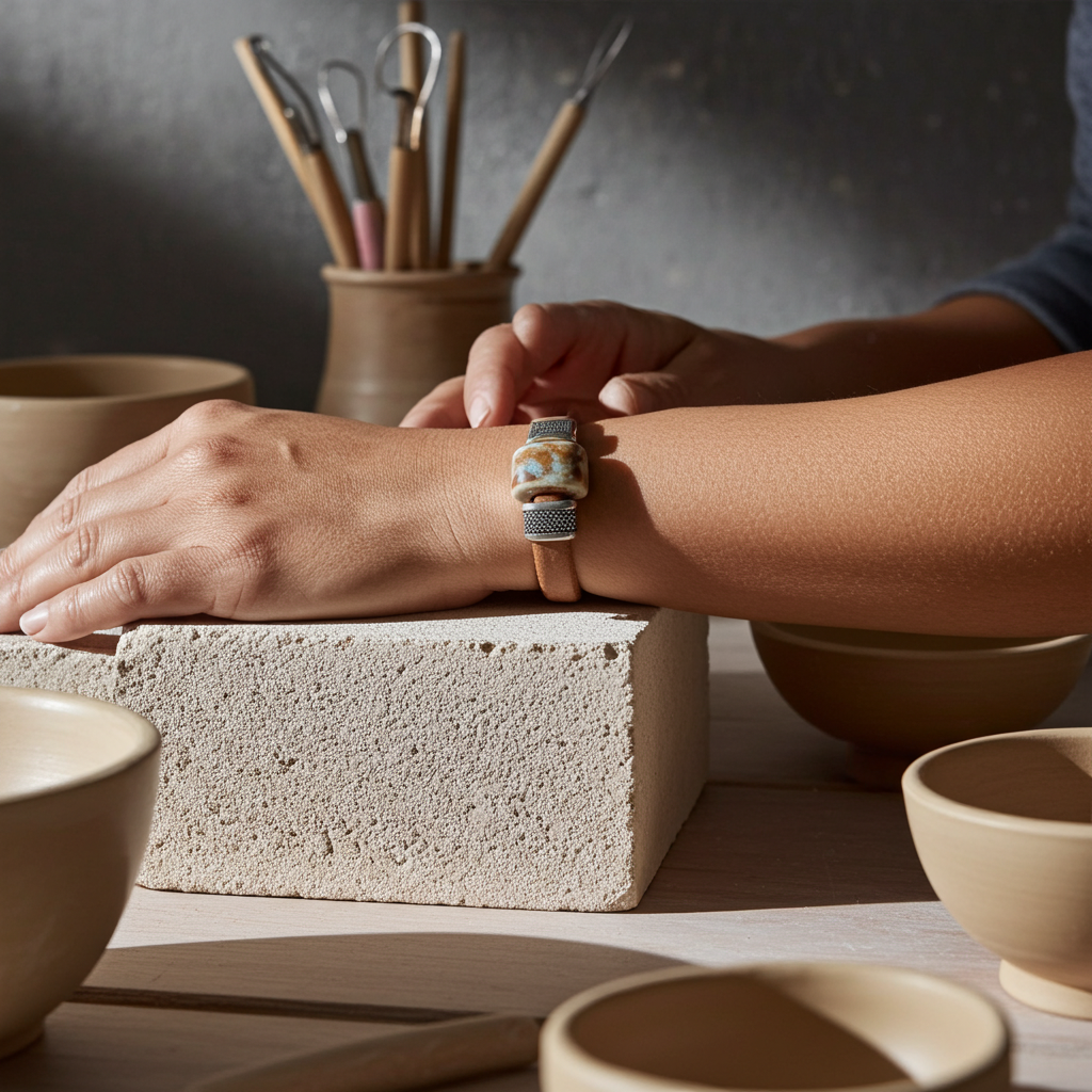 Natural Leather Bracelet with Handmade Ceramic Focus
