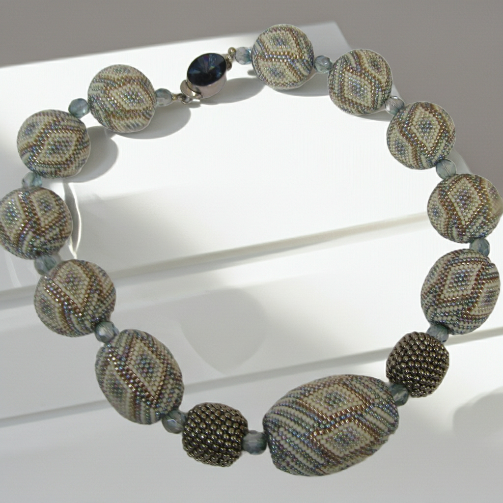 Exquisite Big Bold Chunky Bead Necklace in Cream Blue and Silver