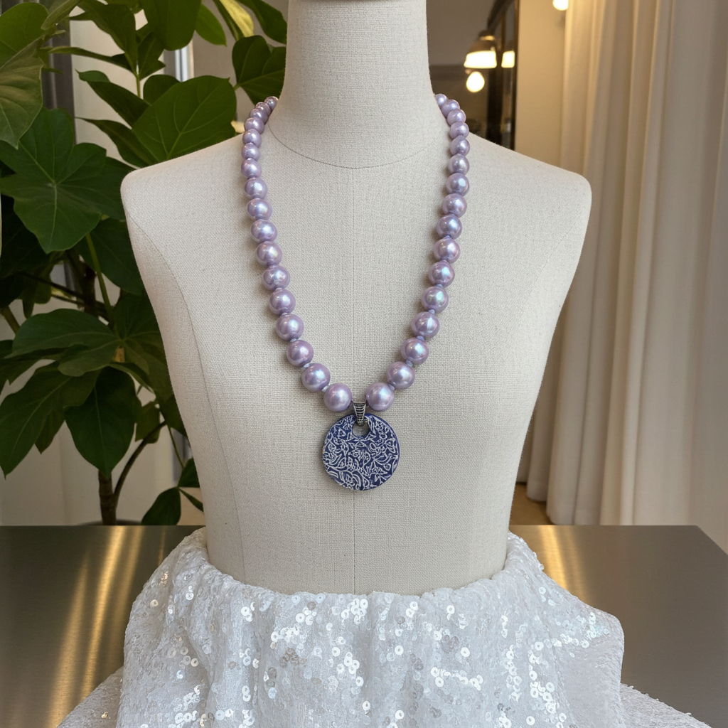 Lilac Bead  Necklace with Handmade Fair Trade Swazi Pendant