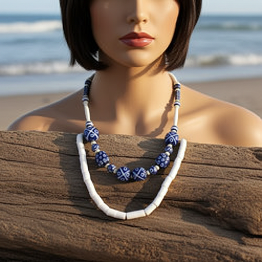 Handmade Navy & White Kazuri Necklace