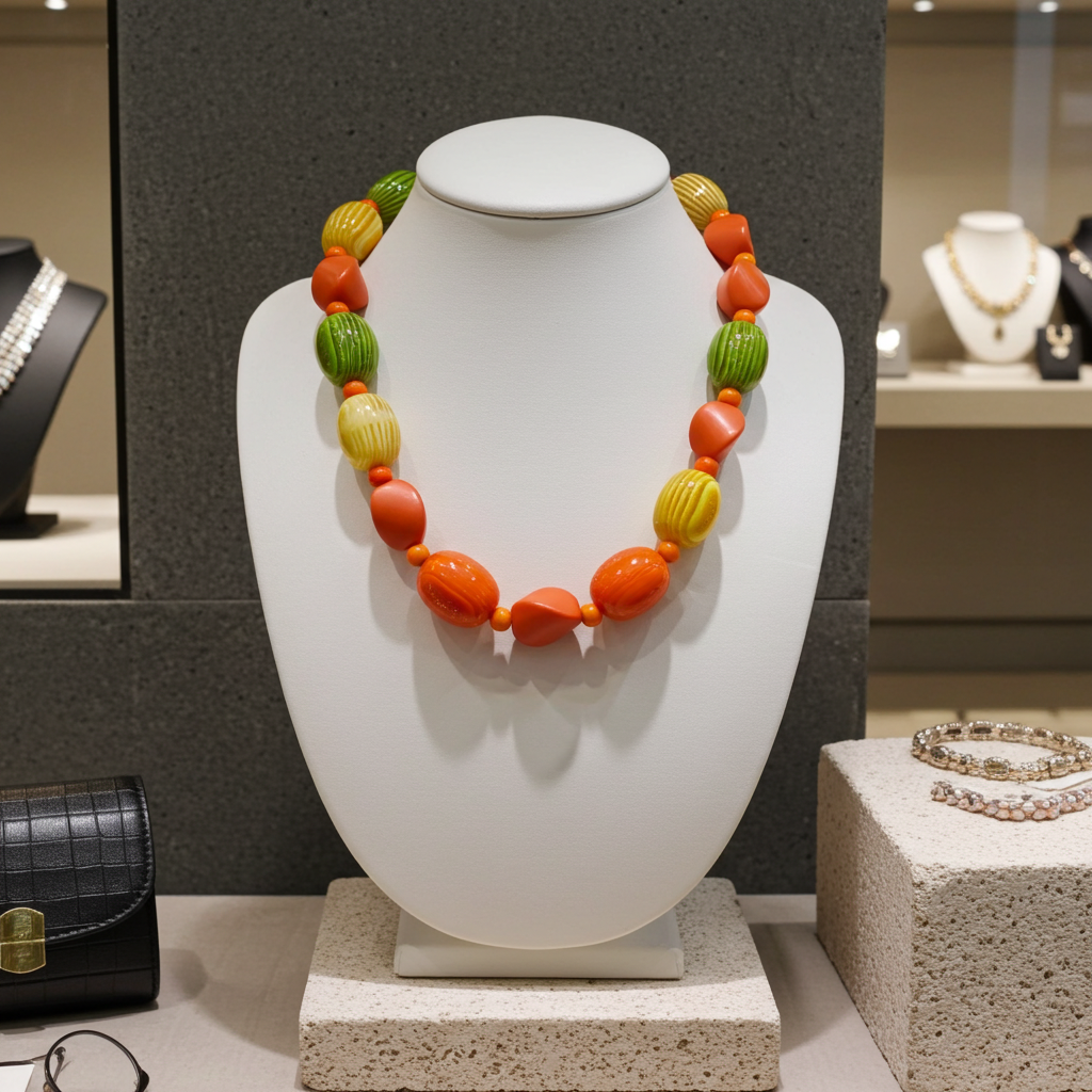 Big Bold Long Yellow Green & Tangerine Beaded  Necklace