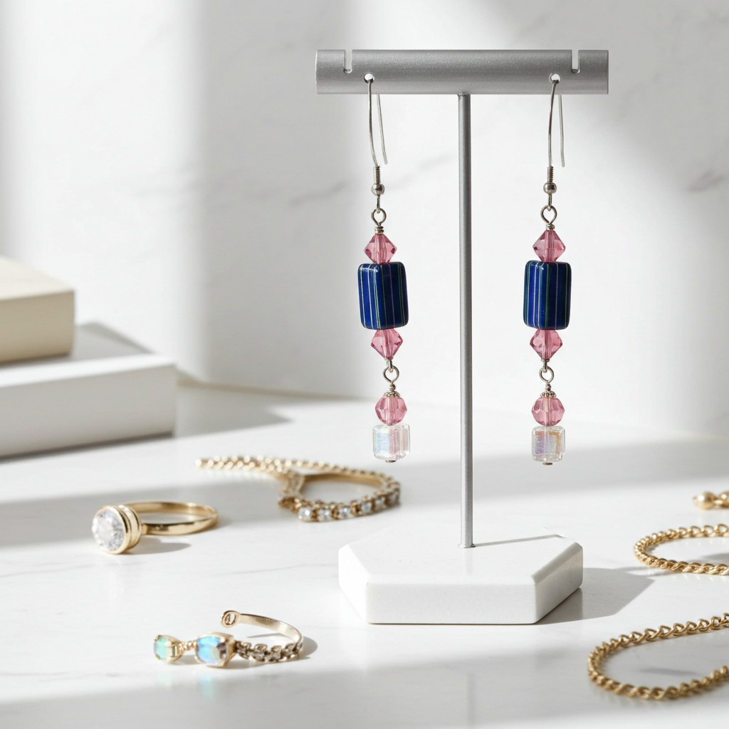 Blue & Pink Handmade Artisan Bead Earrings