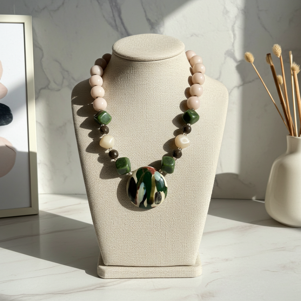 Cream, Light Brown & Green Pendant Necklace Kazuri Fair Trade Bead
