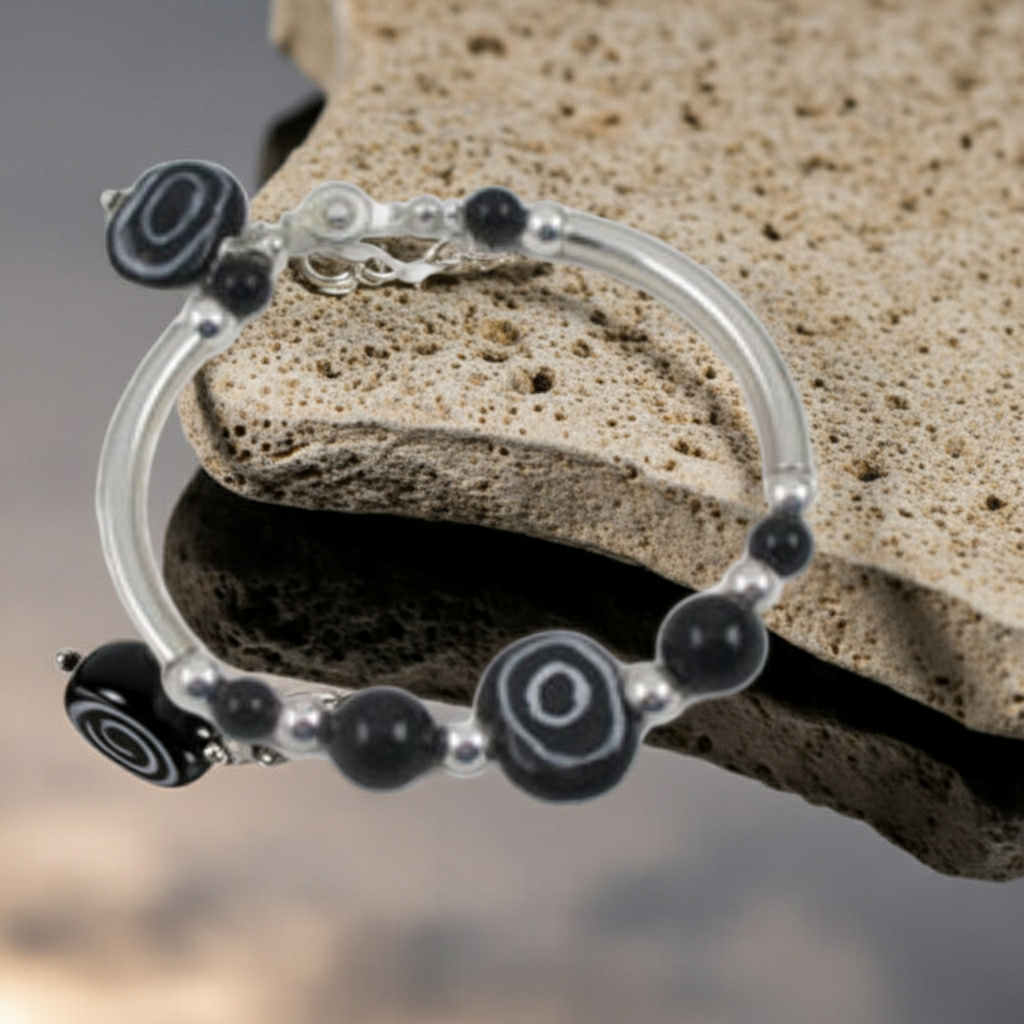 Bangle Bracelet in Black and White Fair Trade Kazuri Beads