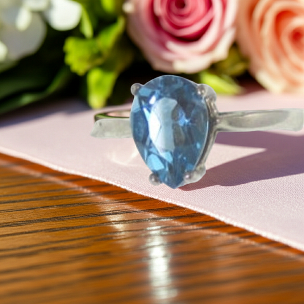 Pear Cut Gemstone London Blue Topaz  Silver Ring Size 7