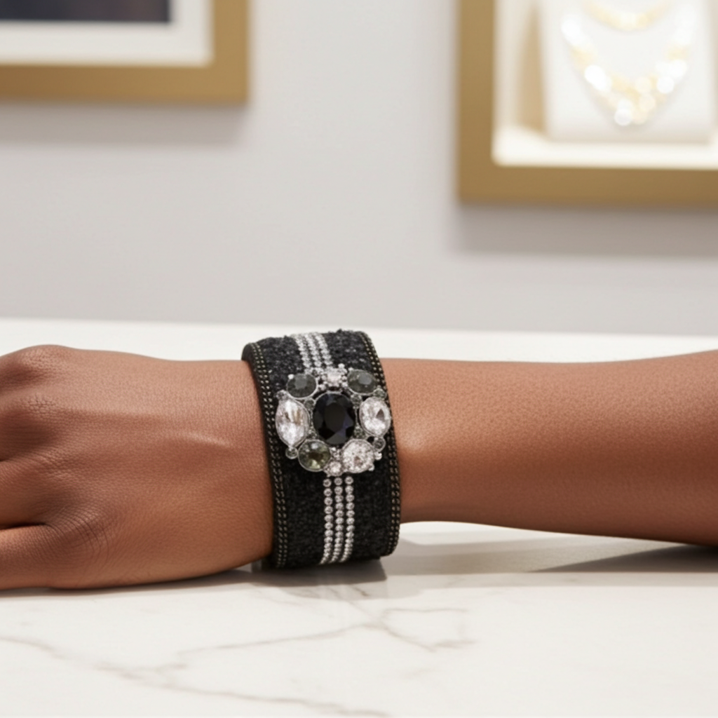 Black Leather Bracelet With Crystal Accent
