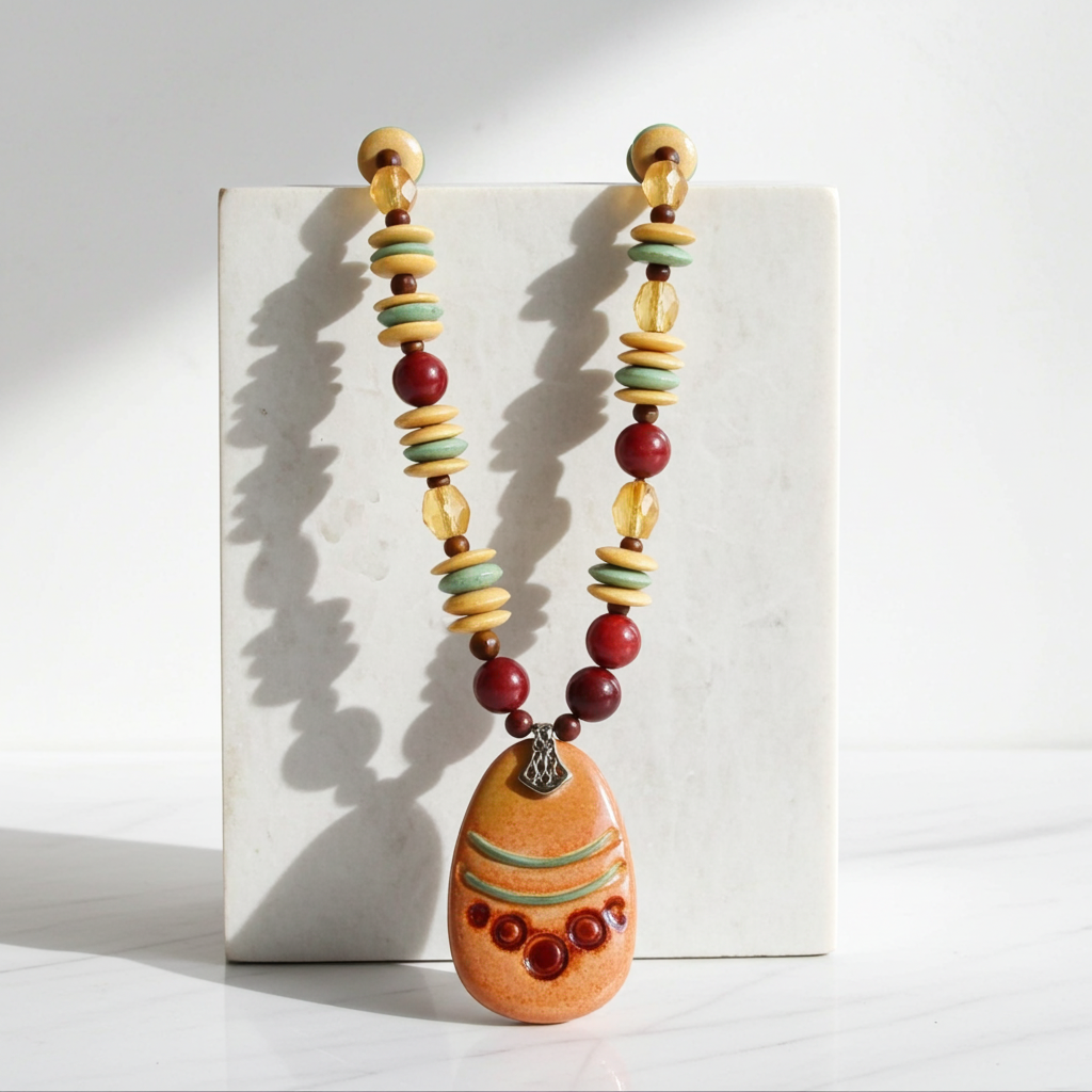 Handmade Mustard & Brown Beaded Pendant Necklace