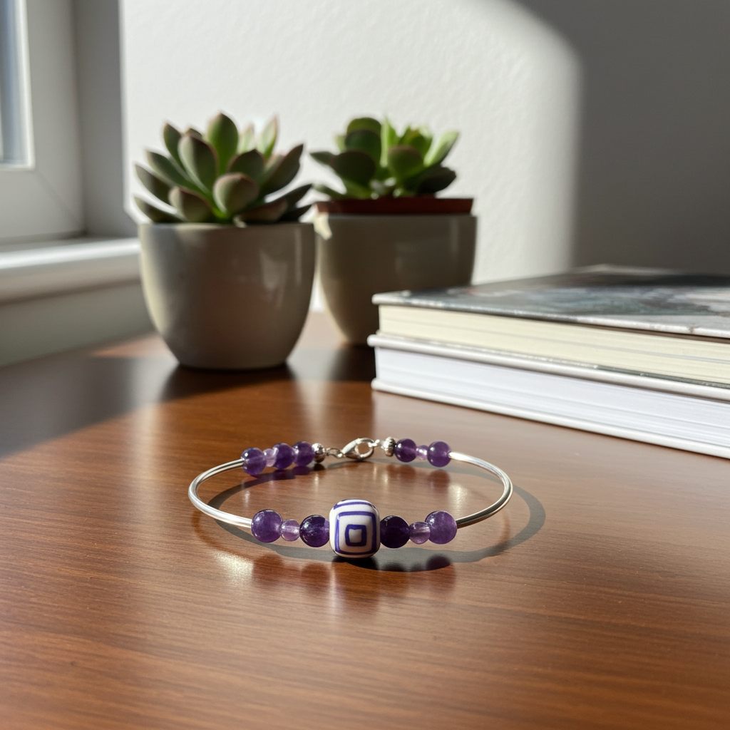 Purple Pansy Swirled Kazuri Bead Bangle Bracelet