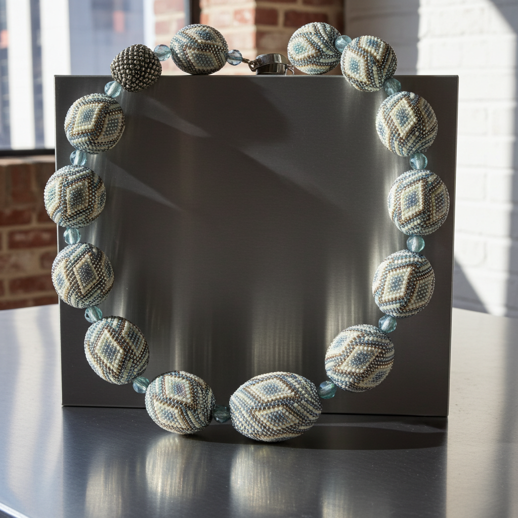 Exquisite Big Bold Chunky Bead Necklace in Cream Blue and Silver