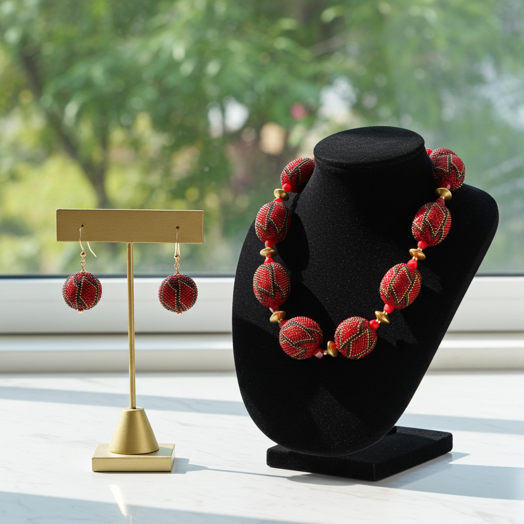 Exotic & Elegant Big Red Bead Dressy Necklace & Earrings