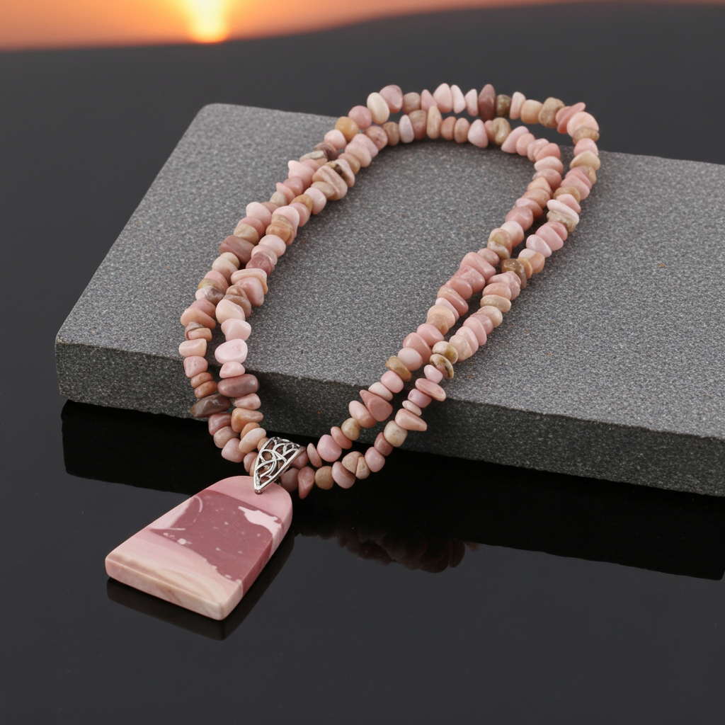 Necklace with pink stone beads and a pendant on a dark surface