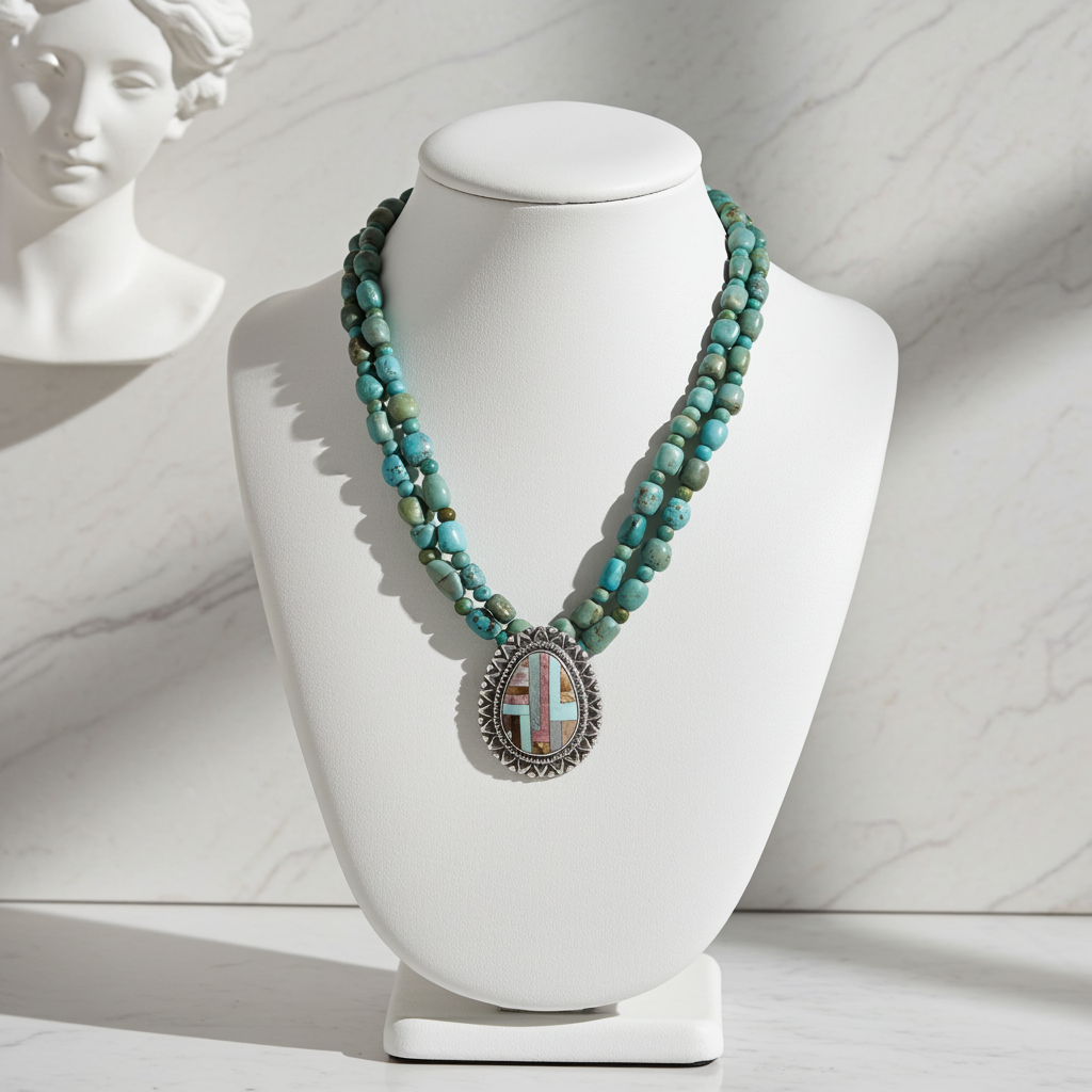 Double Strand Turquoise Nugget Necklace With Multi-stone Pendant