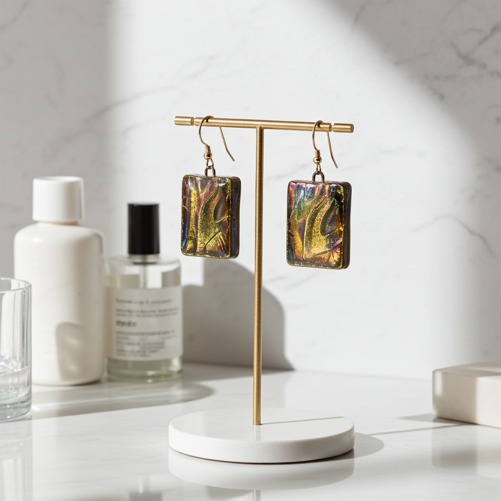 Golden Metallic Artisan Handmade Designer Earrings Raku Glaze