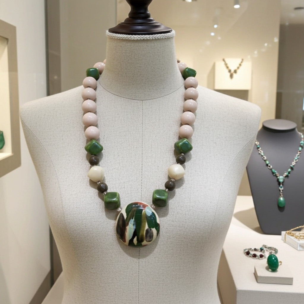 Cream, Light Brown & Green Pendant Necklace Kazuri Fair Trade Bead