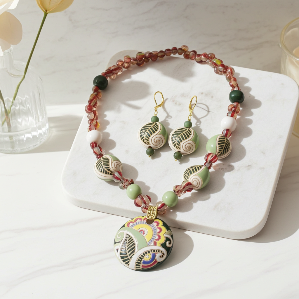 Handmade Green & Beige Artisan Bead Necklace & Earrings