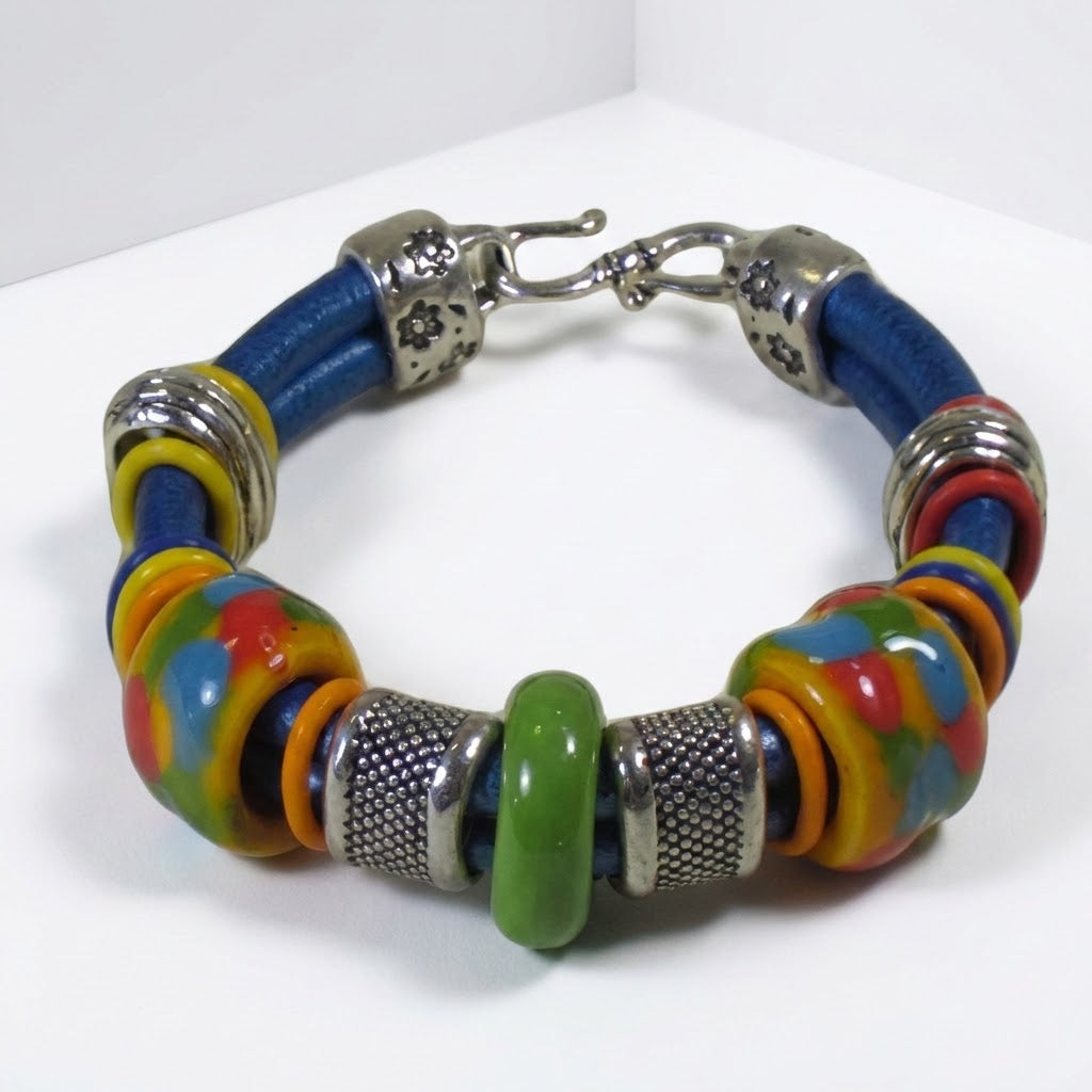 Blue Leather Bracelet With Kazuri Bead Accents