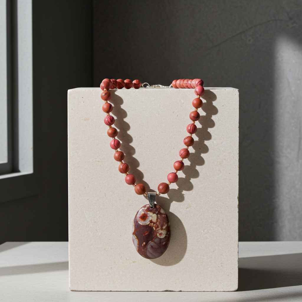 Handmade Pink Beaded Necklace with Gemstone Pendant