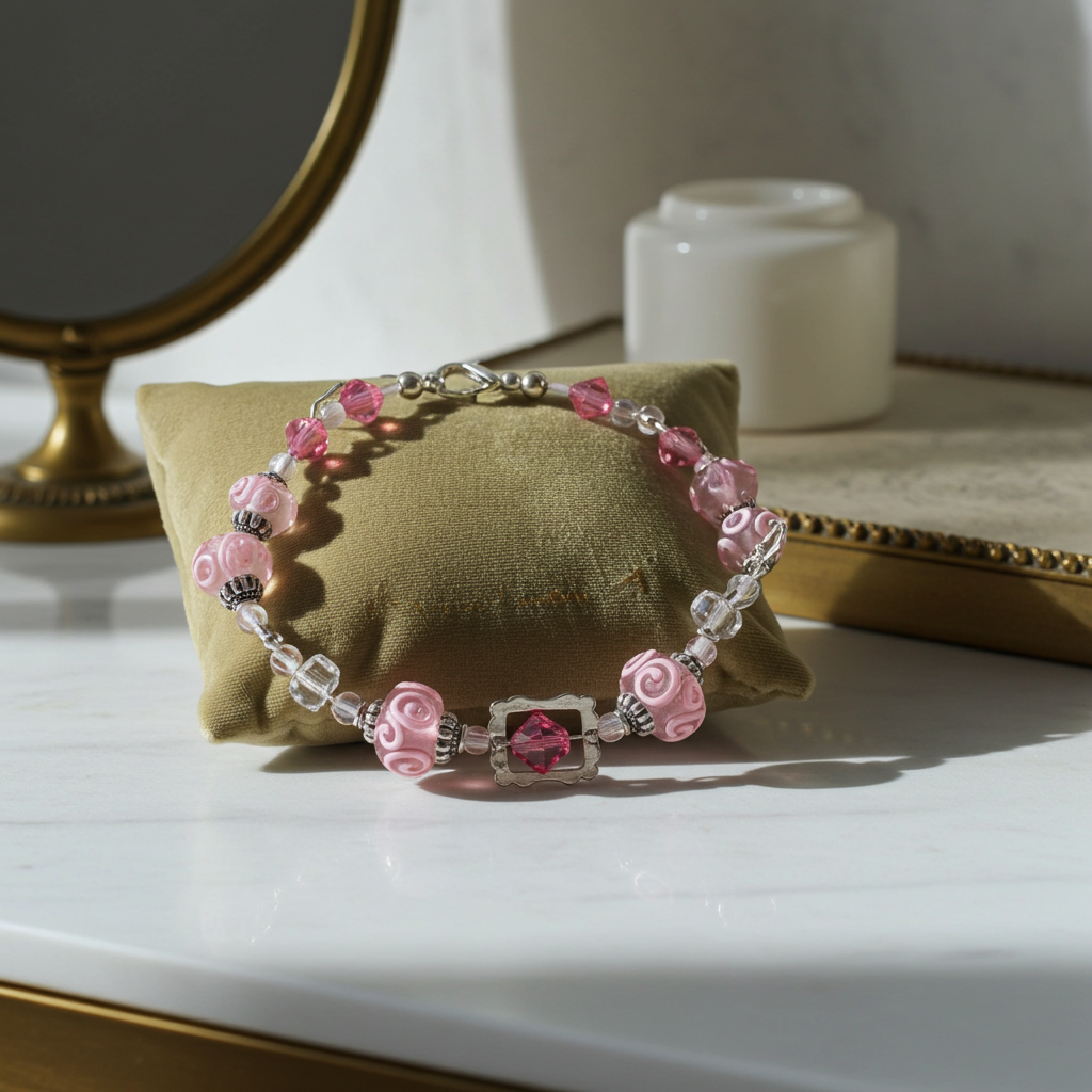 Hot Pink Glass Bead  & Crystal Bracelet
