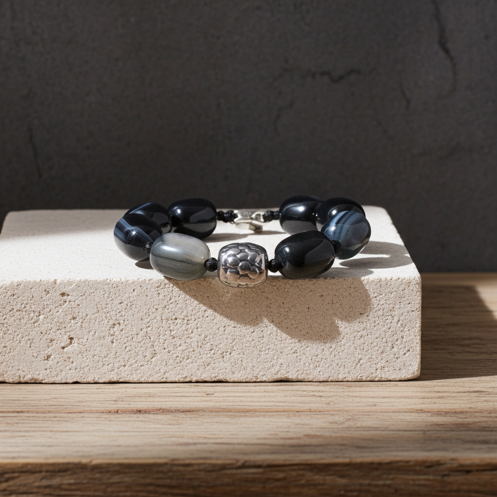 Black  Agate and Black Onyx Beaded Bracelet