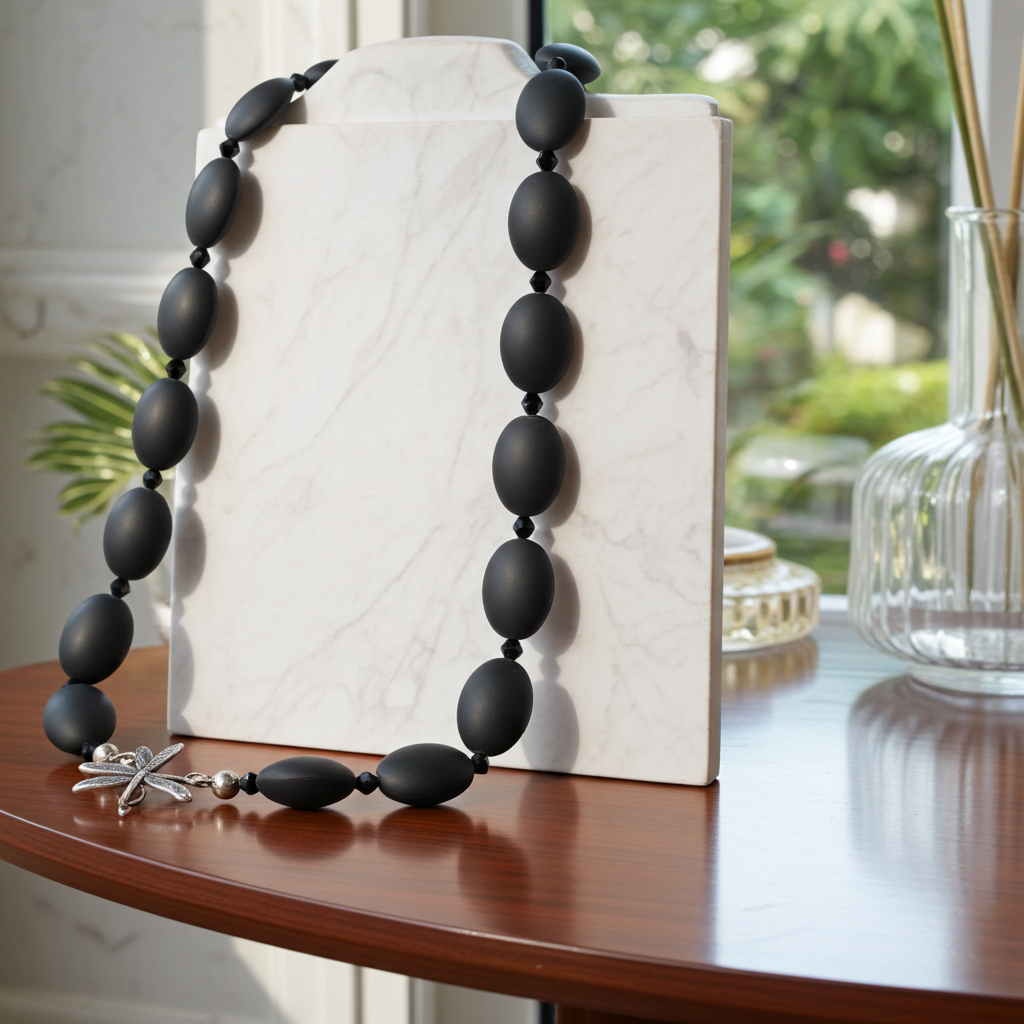Black Sea Glass Bead Necklace Jewelry Handmade
