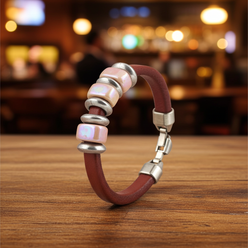 Orange Leather Bracelet with Silver and Ceramic Accents