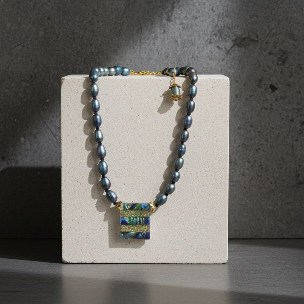 Dark Blue Pearl Necklace & Earrings