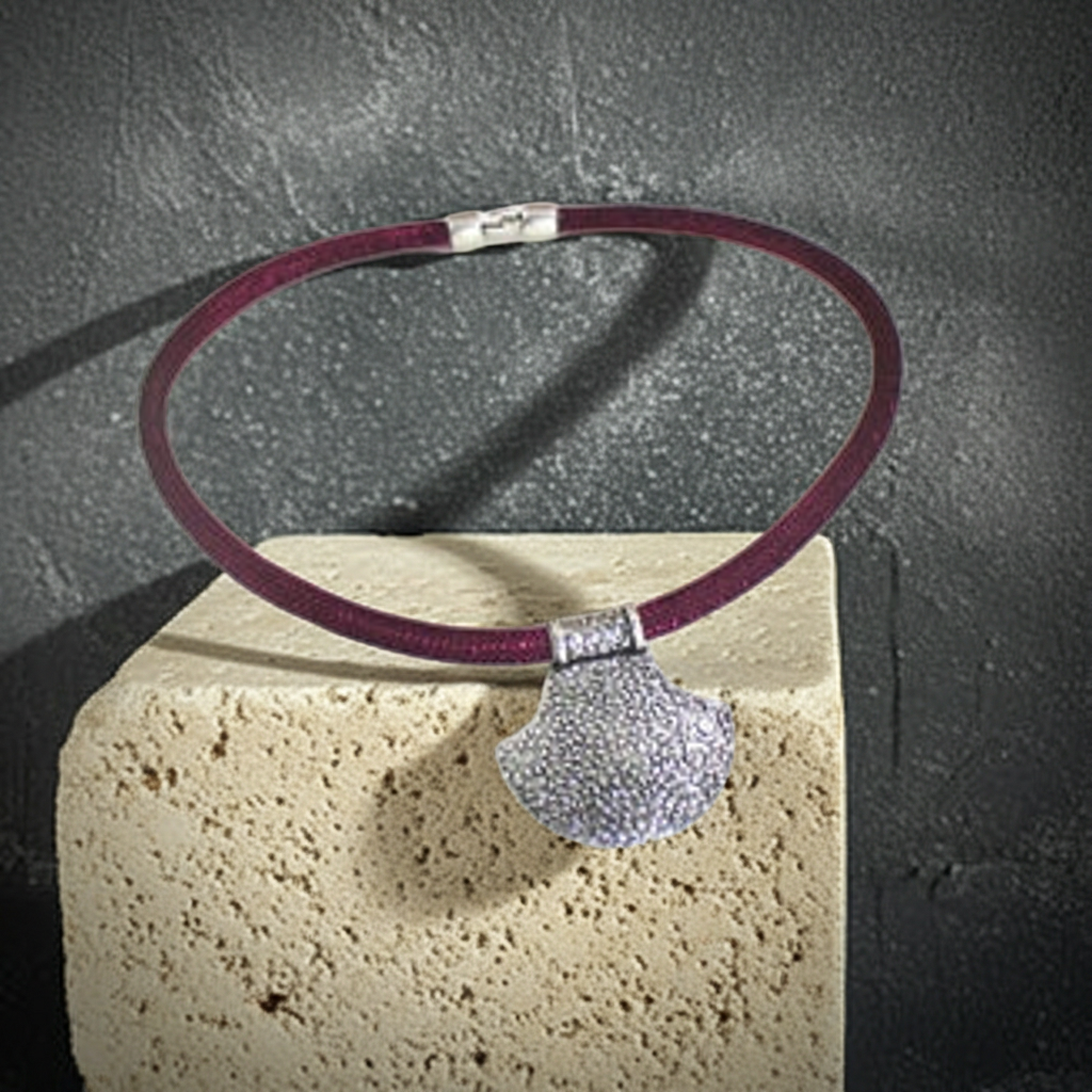 Silver Shield Pendant on Maroon Metallic Cord Necklace