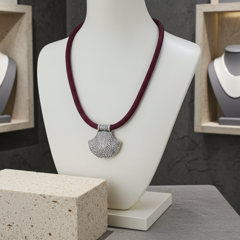 Silver Shield Pendant on Maroon Metallic Cord Necklace