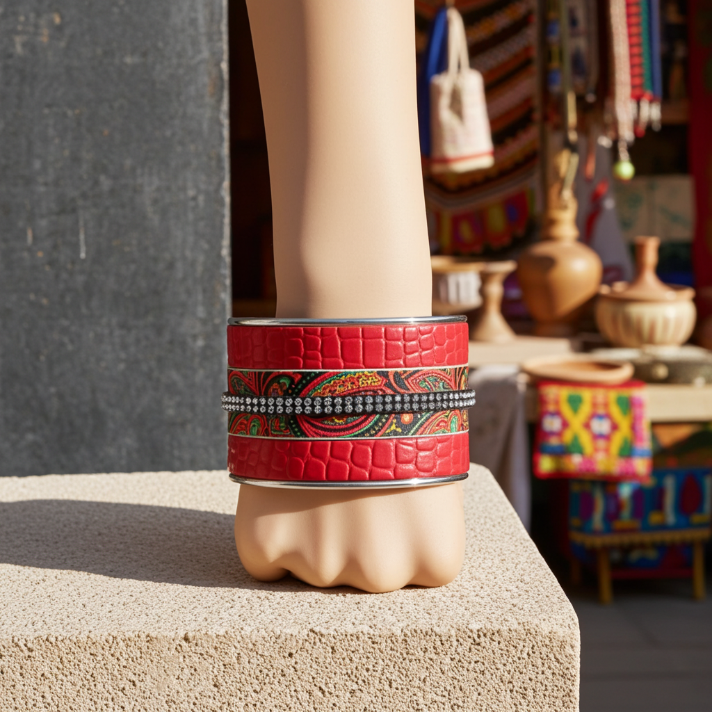 Wide Red Leather Cuff Bracelet Silver Bangle