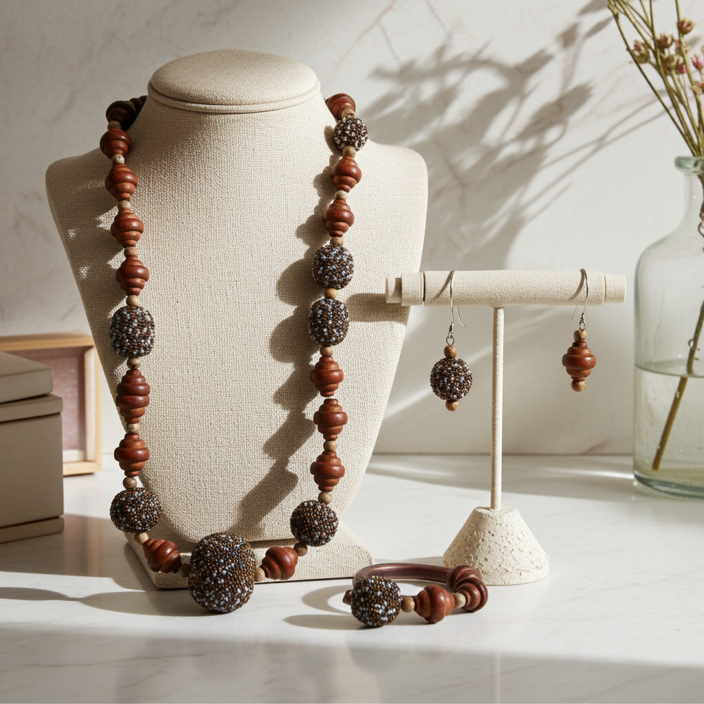 Wood & Beaded Bead Necklace Earrings and Leather Bracelet JSet