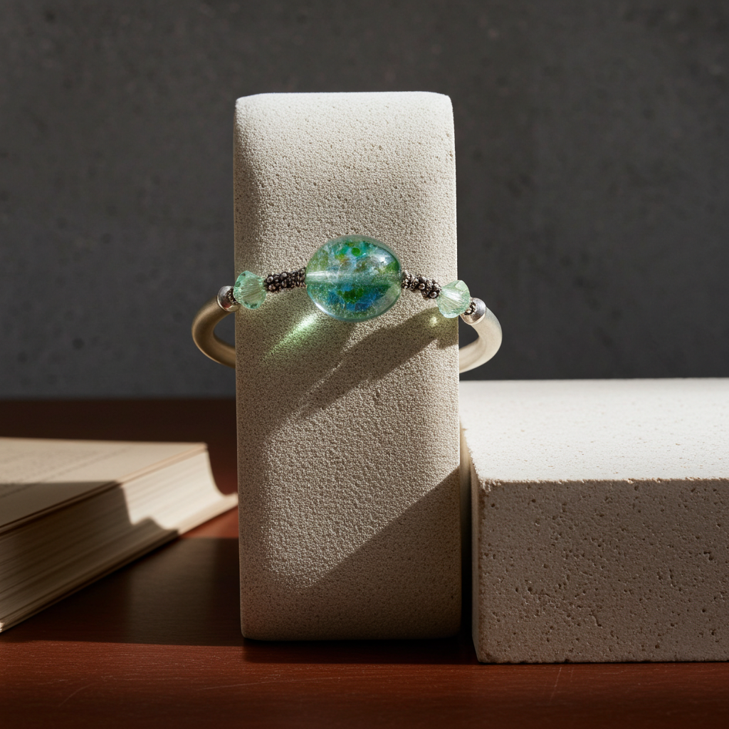 Green Handmade Artisan Bead & Silver Bangle Bracelet