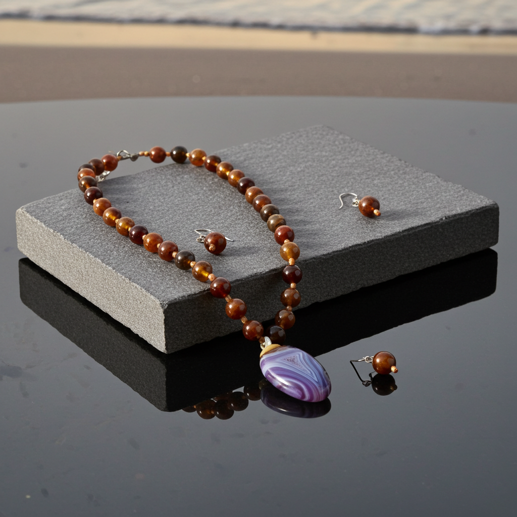 Agate and Handmade Bead Necklace and Earrings