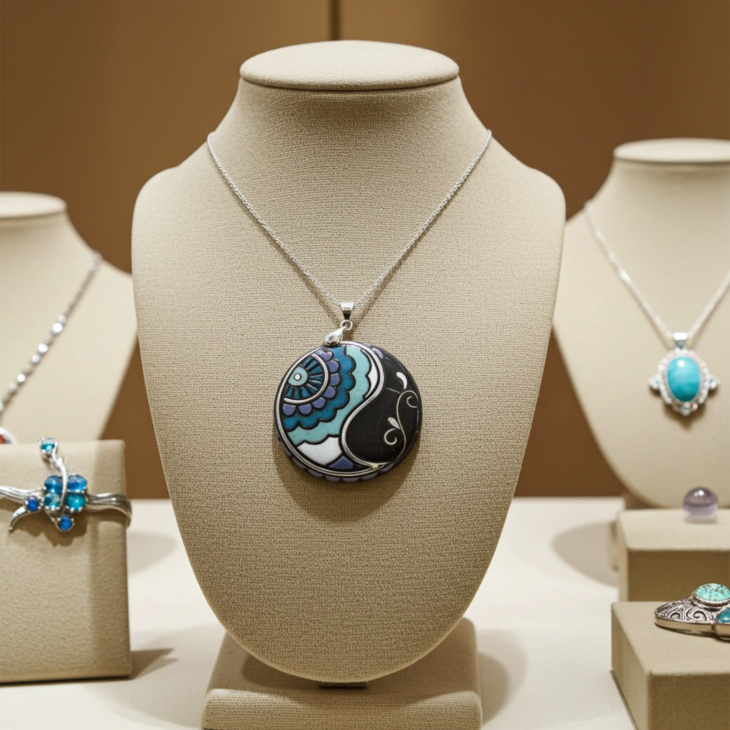 Grey, Aqua & White Artisan Bead Pendant Necklace