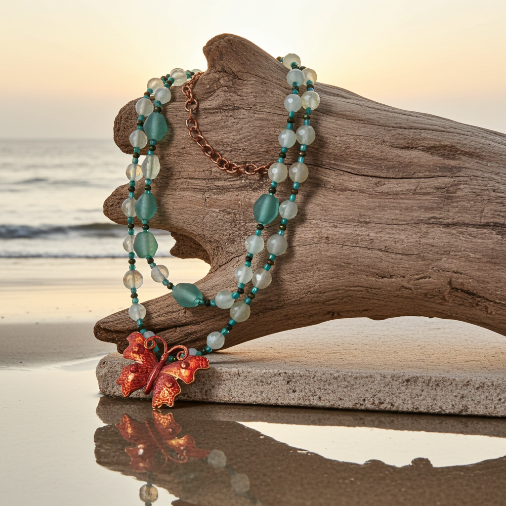 Handcrafted Sea Glass Necklace with Copper Butterfly