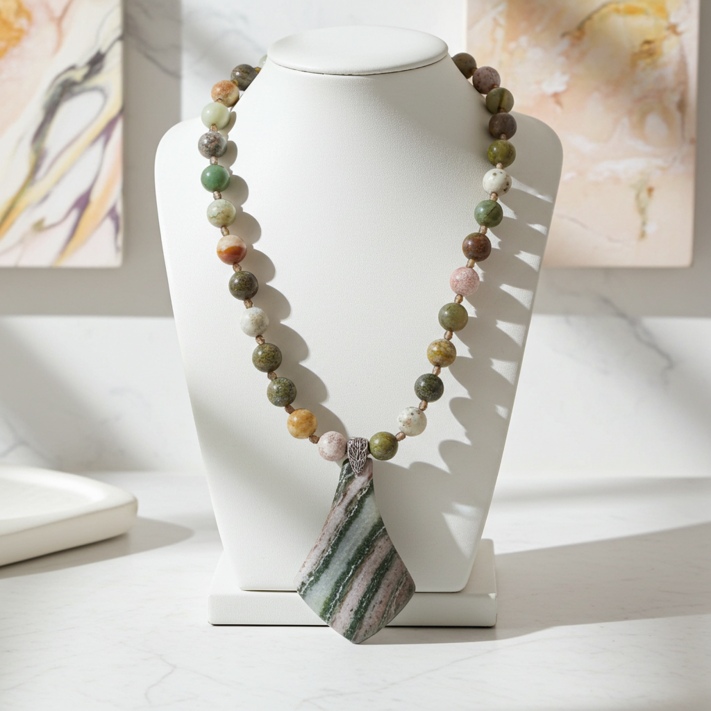 Beautiful Ocean Jasper Timeless Gemstone Pendant on Beaded Necklace