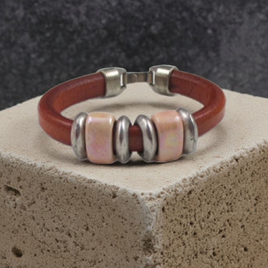 Orange Leather Bracelet with Silver and Ceramic Accents